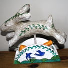 HANDMADE PAPER MACHE FOLK ART INSPIRED LEAPING RABBIT WITH CARROTS 