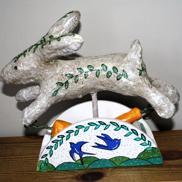 HANDMADE PAPER MACHE FOLK ART INSPIRED LEAPING RABBIT WITH CARROTS 