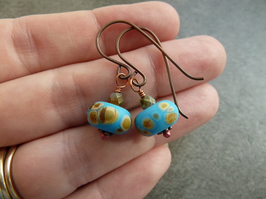 copper, blue lampwork glass earrings