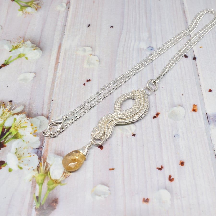 Wire Woven Citrine and Silver Filled Pendant on a Silver Plated Chain