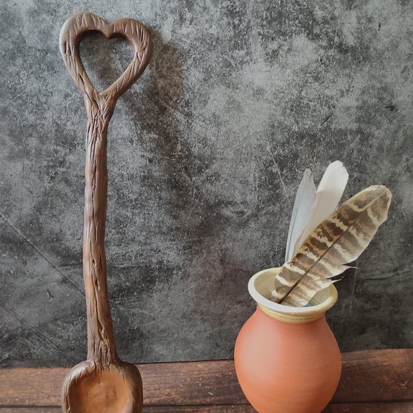 Ceramic Love Spoon, Rustic Valentine's Gift, Wood Effect Heart Spoon