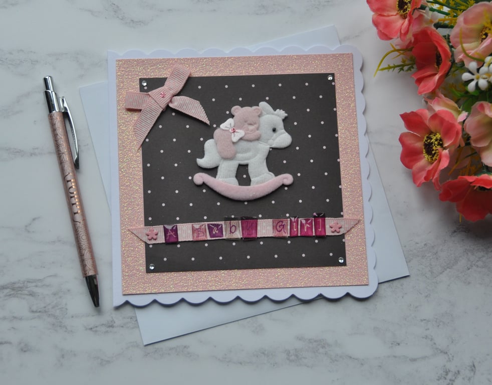 New Baby Girl Card Teddy Bear Rocking Horse Glitter 3D Luxury Handmade