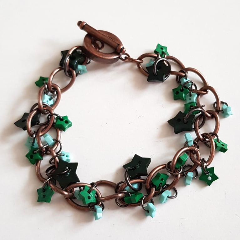 Green Star Button Charm Bracelet with Copper Tone Chain
