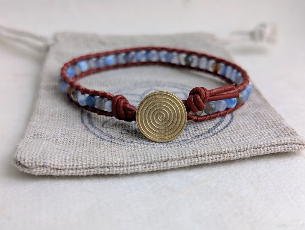 Blue fire agate and rust leather bracelet with button fastener 