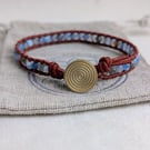 Blue fire agate and rust leather bracelet with button fastener 