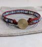 Blue fire agate and rust leather bracelet with button fastener 