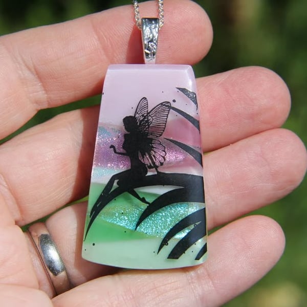 Dichroic Glass Fairy Necklace: Fused Glass Landscape Pendant F10
