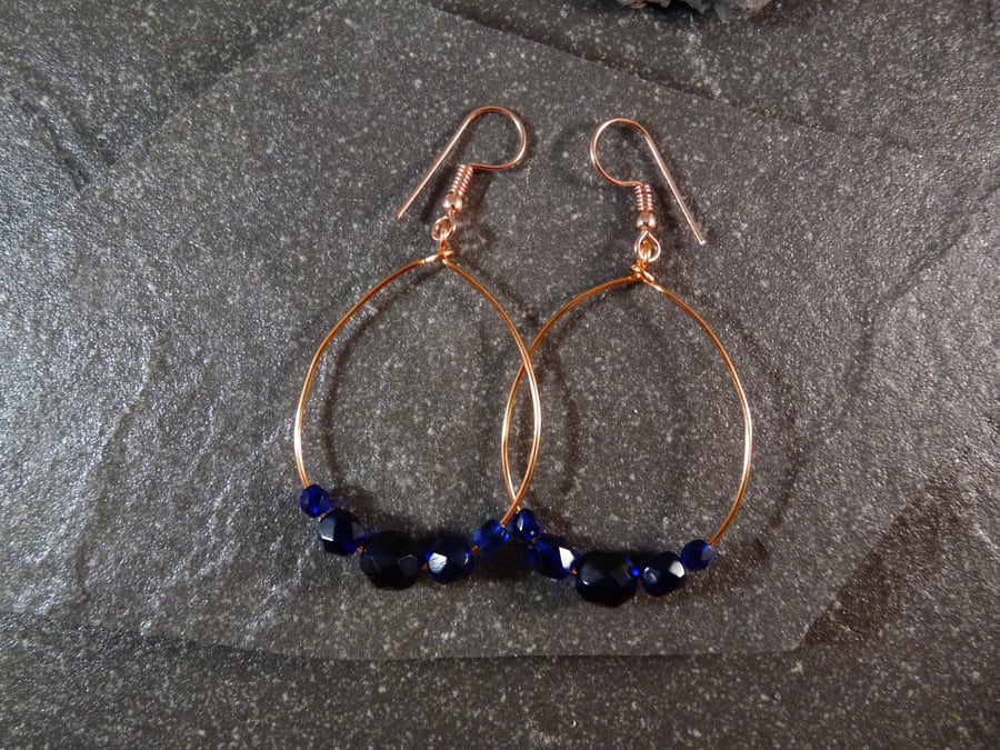 Large Hoop Earrings - Midnight Blue Faceted Glass - 40mm - Copper 