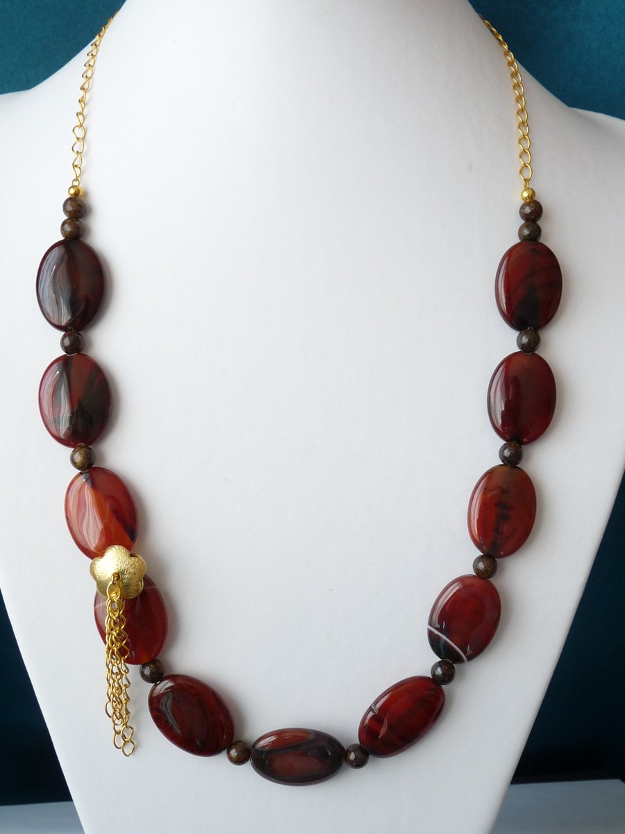 Deep Red Striped Agate and Bronzite Necklace - Handmade - Genuine Gemstone