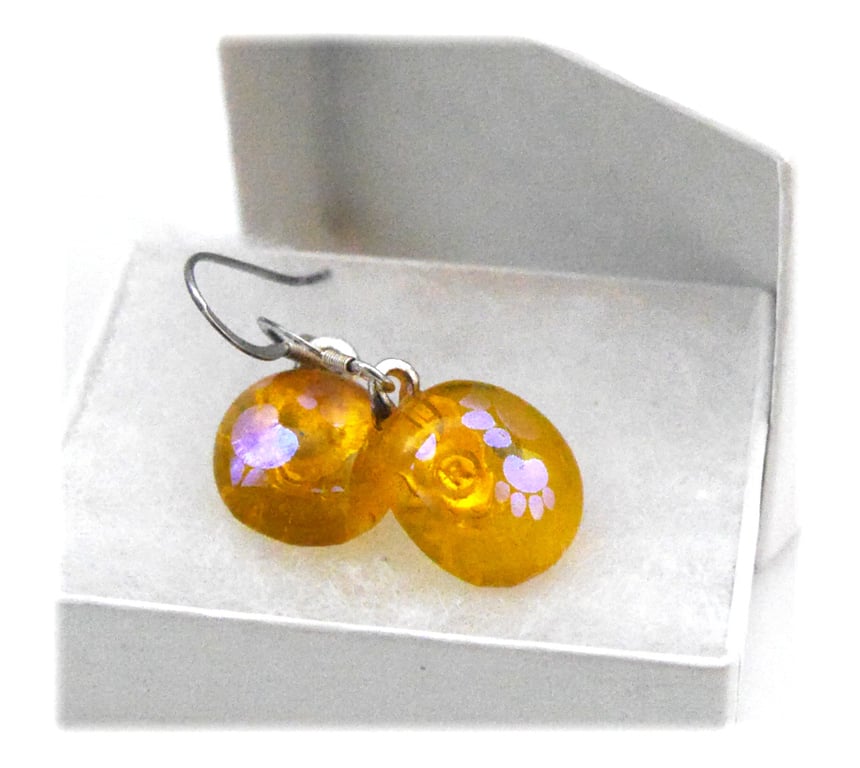 Handmade Fused Dichroic 130 Glass Earrings Golden Paws