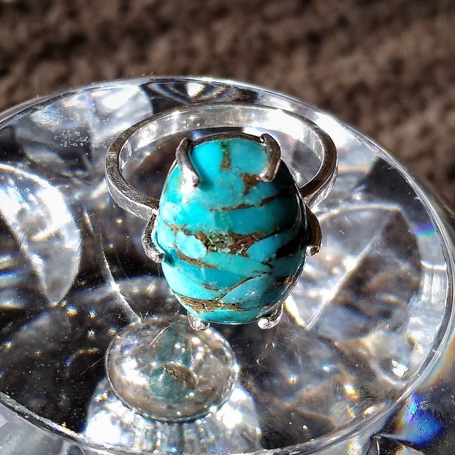 Large Turquoise Copper Mojave USA Gemstone Silver Ring Size P