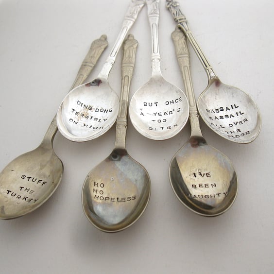 Six Xmas Grumpy Apostle Spoons, Handstamped Vintage Coffeespoons