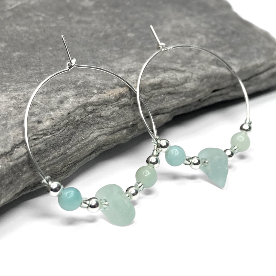 Sea Glass Hoop Earrings. Large Green Sterling Silver Amazonite Beaded Hoops