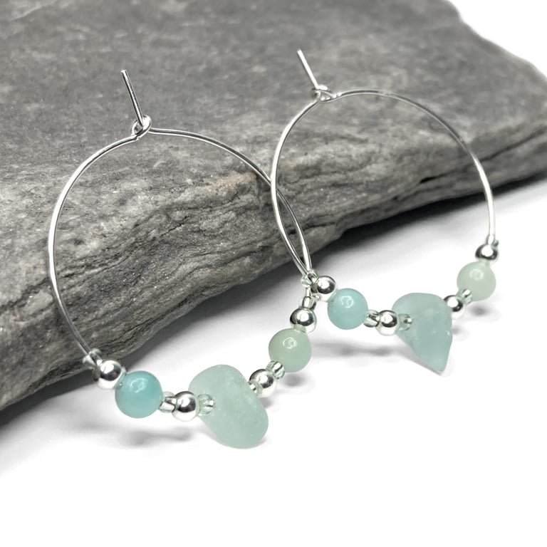 Sea Glass Hoop Earrings. Large Green Sterling Silver Amazonite Beaded Hoops
