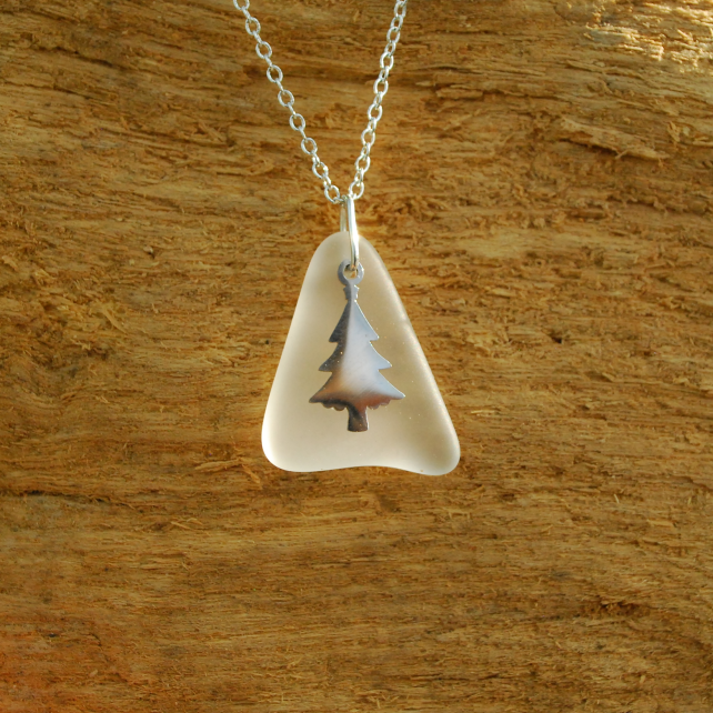 White beach glass pendant with tiny Christmas tree charm