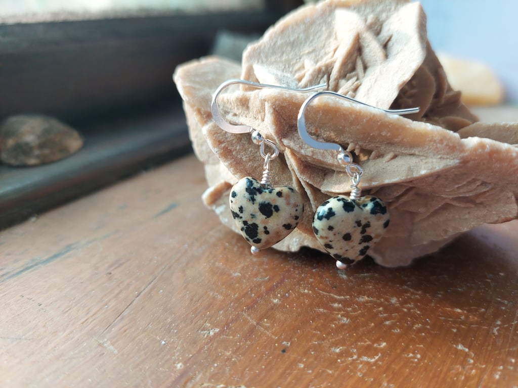 Sterling Silver Dalmation Jasper Heart Earrings