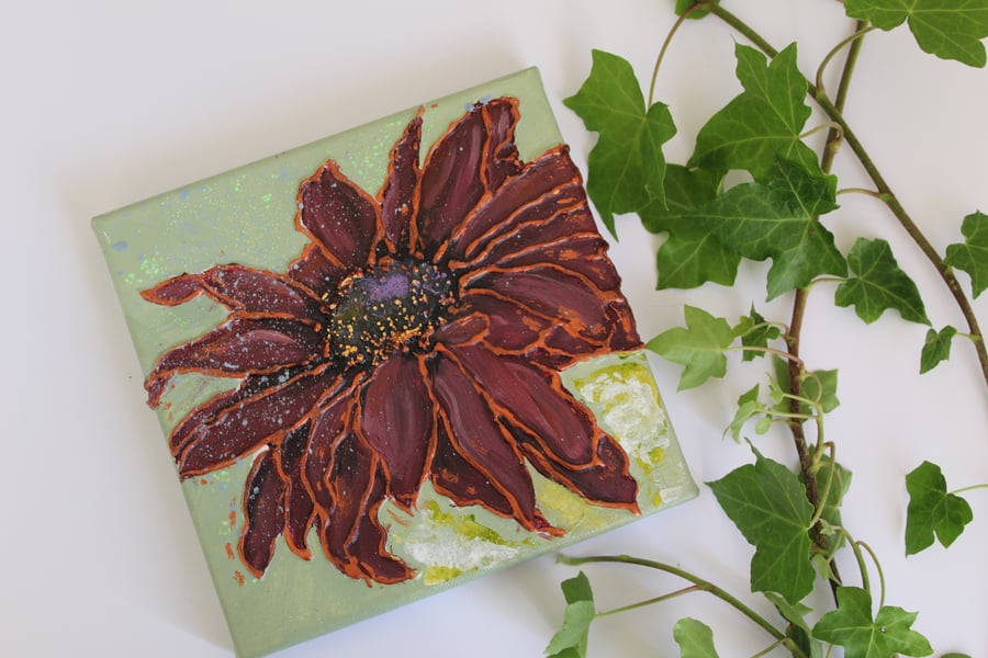 Burgundy Red Sunflower - original acrylic mixed media painting