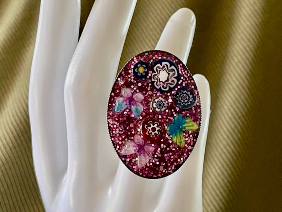 MURANO FLOWER RING glitter extra large cocktail chrome 