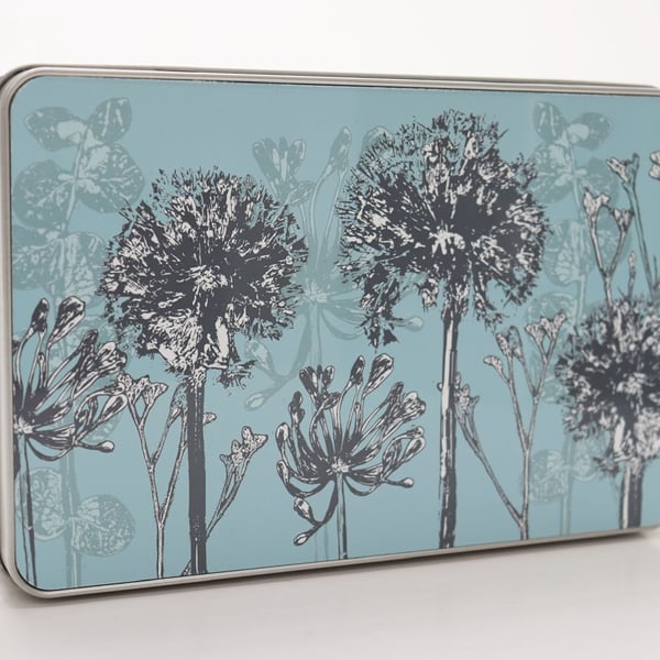 Blue Allium and Agapanthus Design Rectangular Metal Storage Tin