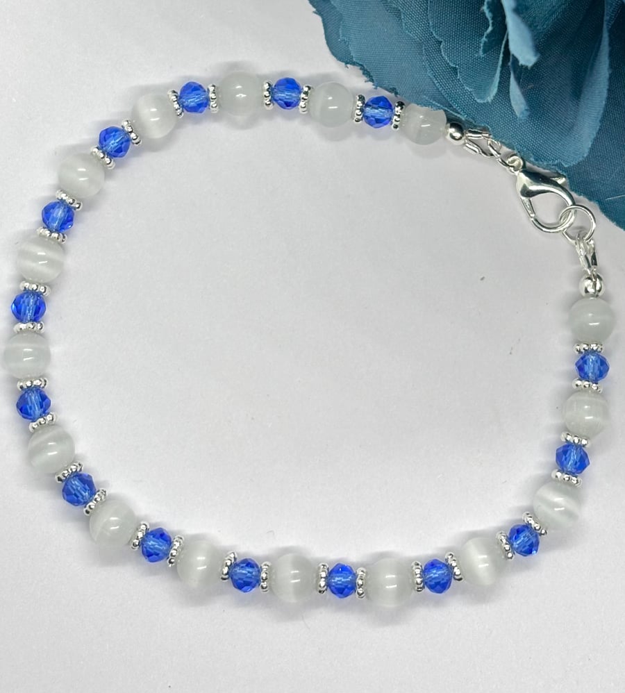Selenite Crystal  and Blue  Czech Glass Bracelet
