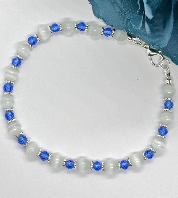 Selenite Crystal  and Blue  Czech Glass Bracelet