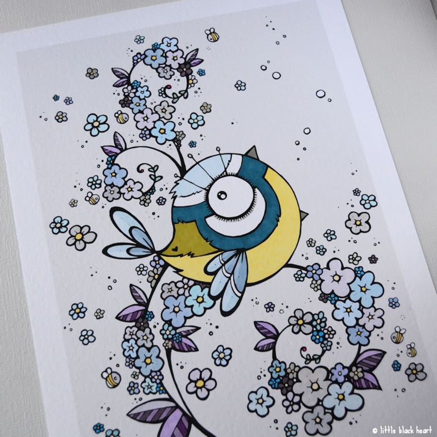 bluetit in winter blossom - hand coloured A4 print
