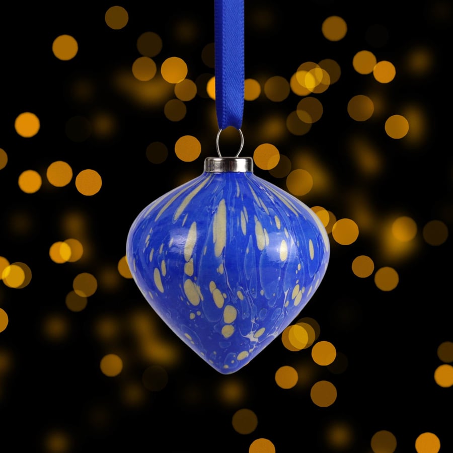 Ceramic Christmas bauble blue and gold drop shape hand marbled