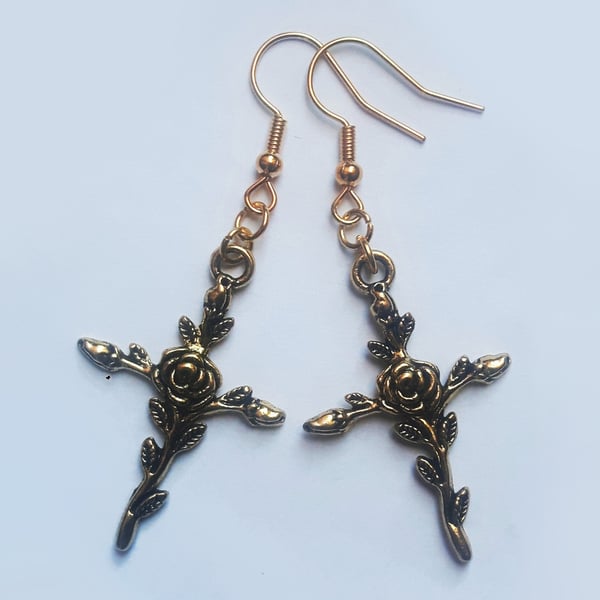 Gold Plate Rose Cross Dangle Earrings