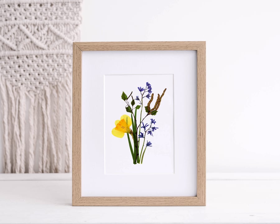Pressed Flower Art print A5, GICLEE, Daffodil, Bluebell and Birch
