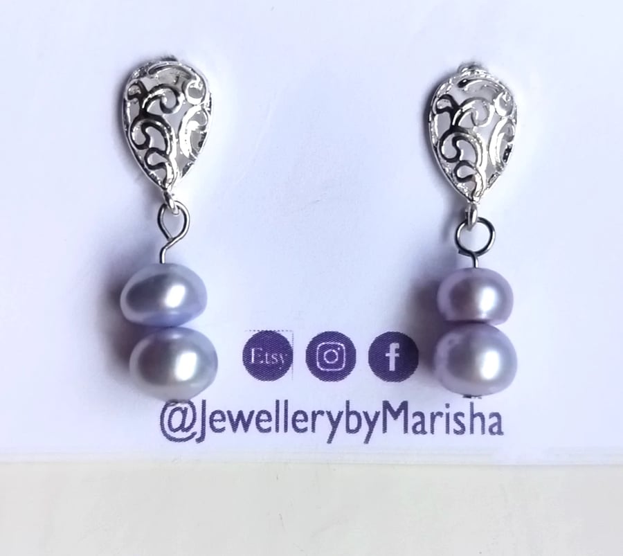 Handmade Cornflower Lilac Freshwater Pearl Filigree Stud Earrings Silver Plated