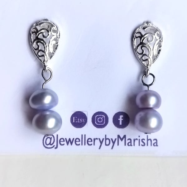 Handmade Cornflower Lilac Freshwater Pearl Filigree Stud Earrings Silver Plated