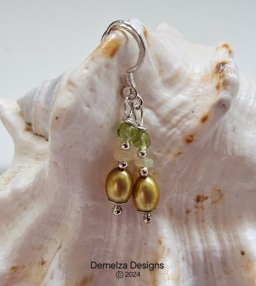 Designer Rice Pearl, Ethopian Wello Opal & Peridot Sterling Silver Earrings