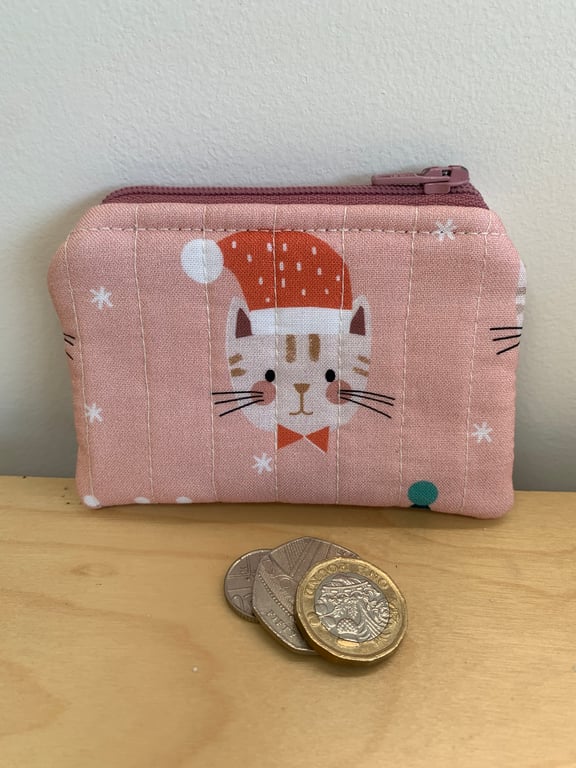 Christmas Cat Print Quilted Fabric Mini Purse