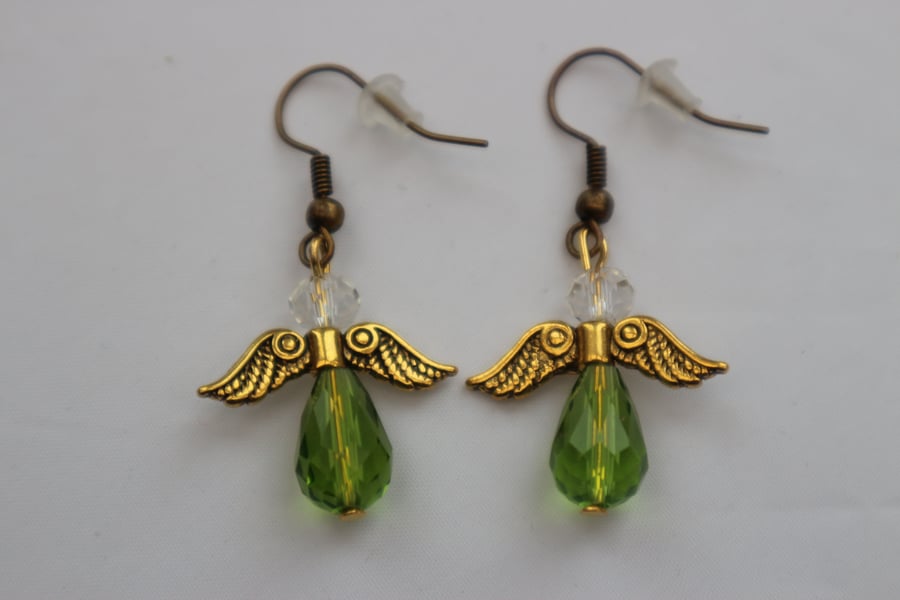 Bronze gold plated beaded earrings- Christmas angel green