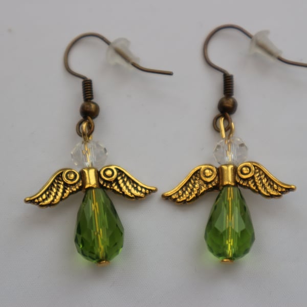 Bronze gold plated beaded earrings- Christmas angel green