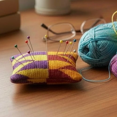 Geometric Pin Cushion made from Kente African fabric