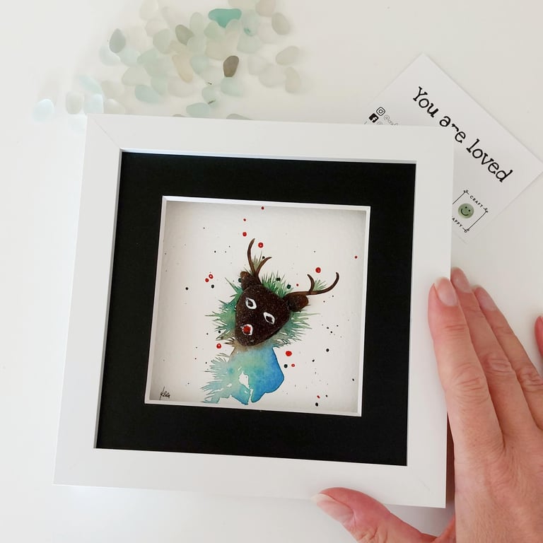 Sea Glass Reindeer Watercolour Art - Hand Painted Christmas Art in a Frame