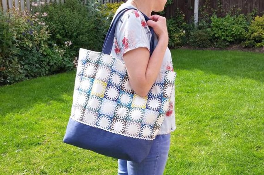 green cotton and denim shoulder bag, denim blue, star fabric