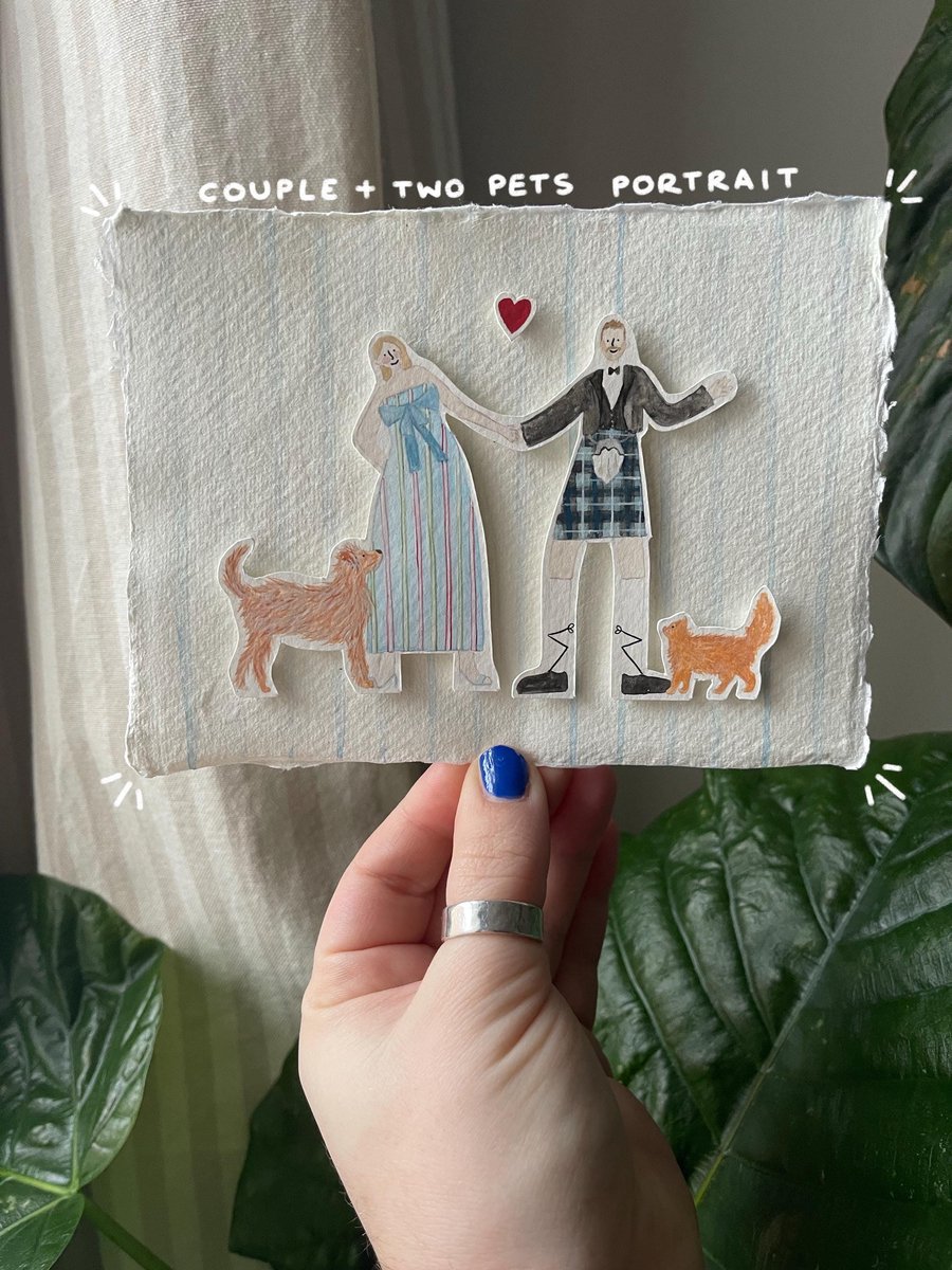 Custom Couple & 2x Pet Portrait - Handmade A6 Illustration