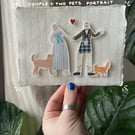 Custom Couple & 2x Pet Portrait - Handmade A6 Illustration