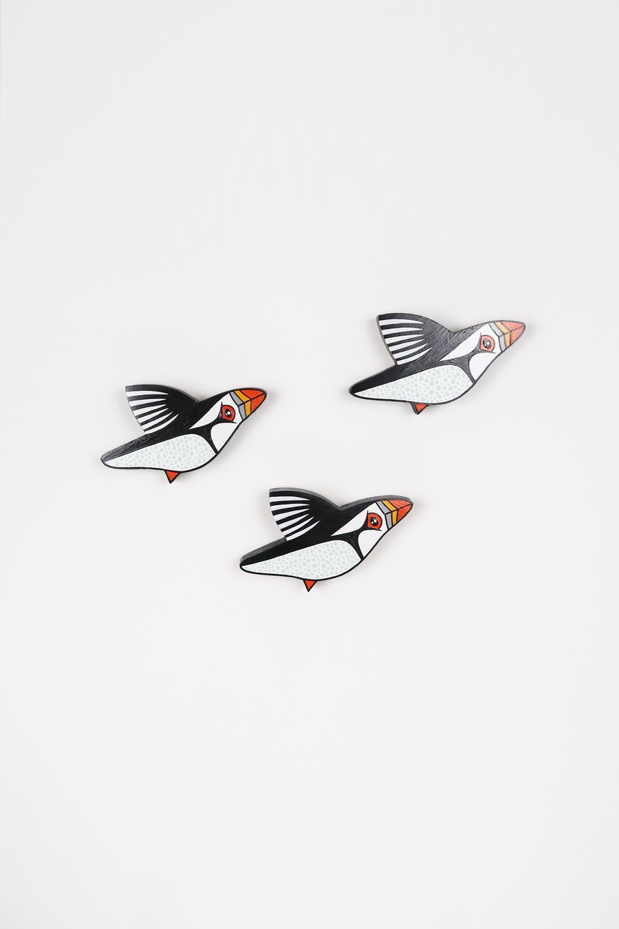 Puffin wall decoration, set of 3 flying miniature wooden birds, bird lover gift.