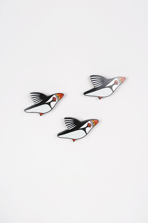 Puffin wall decoration, set of 3 flying miniature wooden birds, bird lover gift.