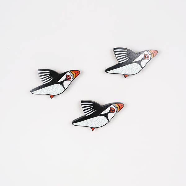 Puffin wall decoration, set of 3 flying miniature wooden birds, bird lover gift.