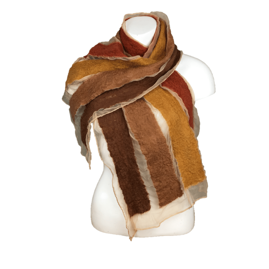 Nuno felted scarf, beige silk chiffon with shades of brown merino wool stripes