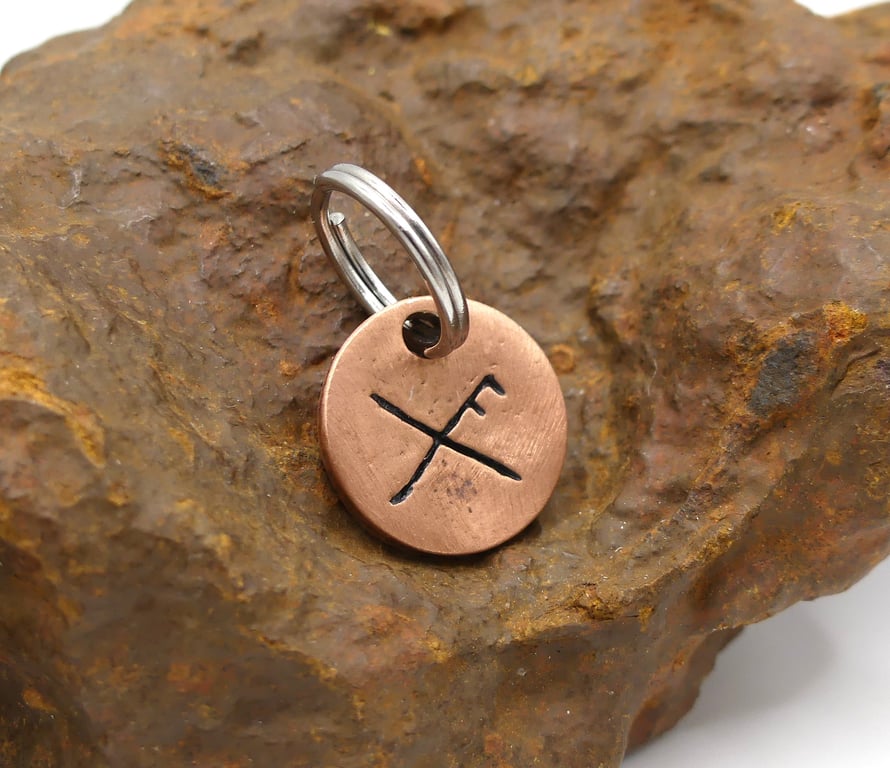 Recycled Round Copper Good Luck Bindrune Keyring Charm, Bag Charm.