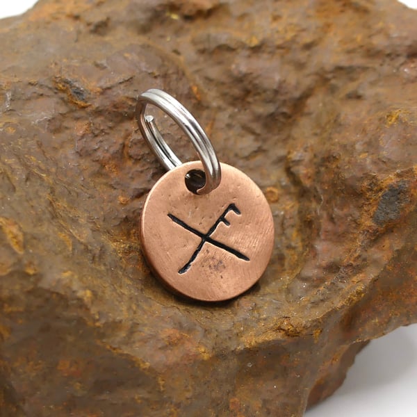 Recycled Round Copper Good Luck Bindrune Keyring Charm, Bag Charm.