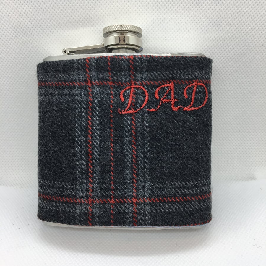 Grey , Light Grey and Red tartan 6oz Hip Flask DAD embroidered 