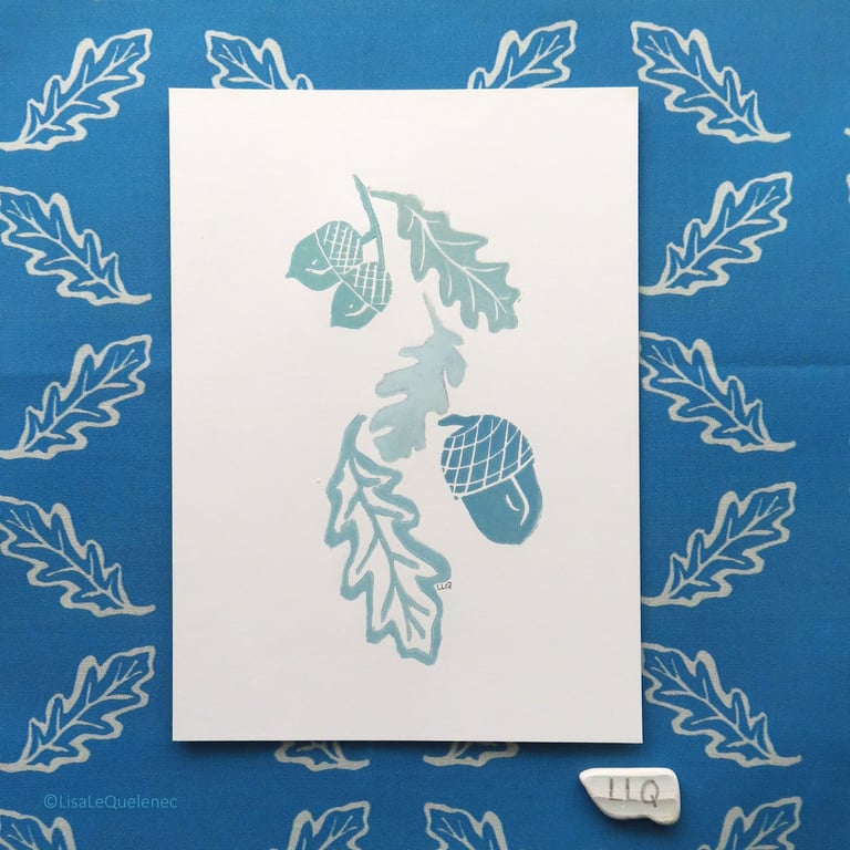 Monoprint acorns and oak leaves in aqua minimalist art print A5