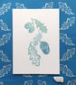 Monoprint acorns and oak leaves in aqua minimalist art print A5