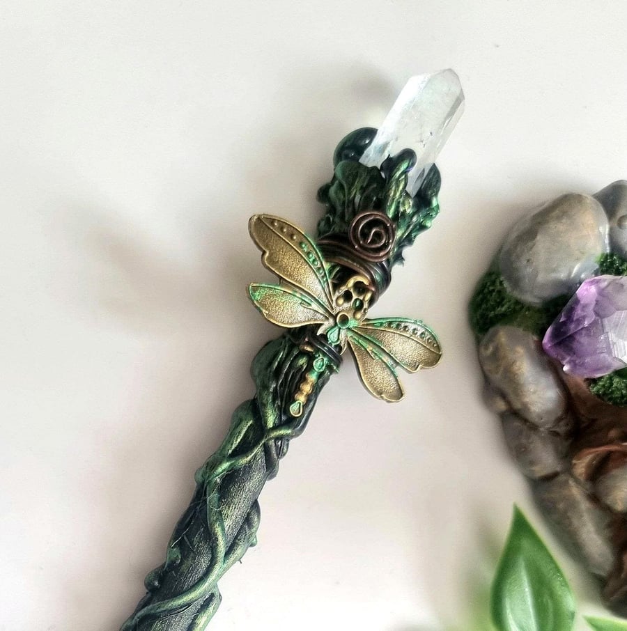 Image of Crystal wand, mini witch natural stone wand, dragonfly gifts, Green fae crystal 